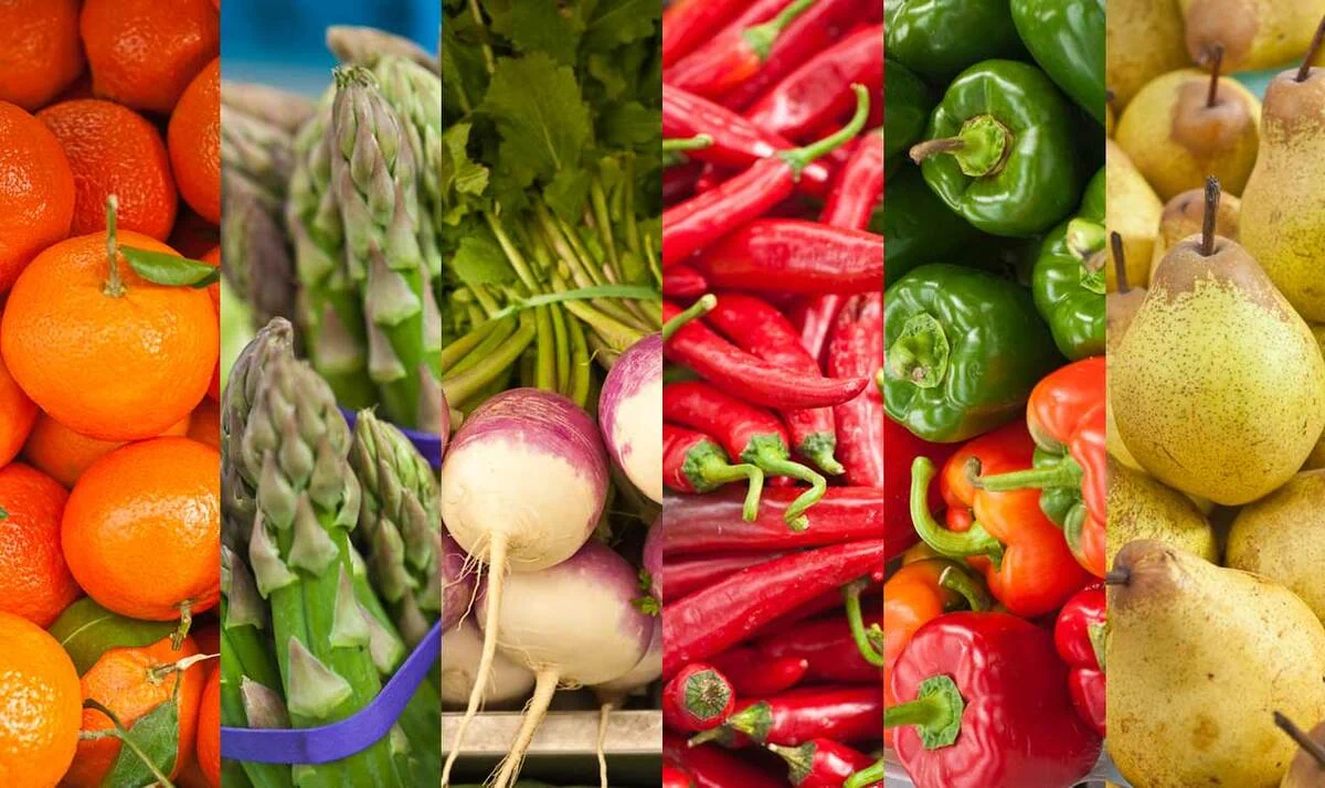 Fruit and vegetable collage used in Agrobio’s organic-market publicity