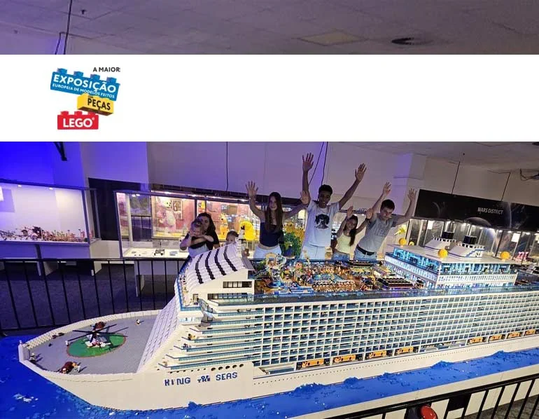 LEGO exhibition publicity image showing a large cruise-ship model and visitors