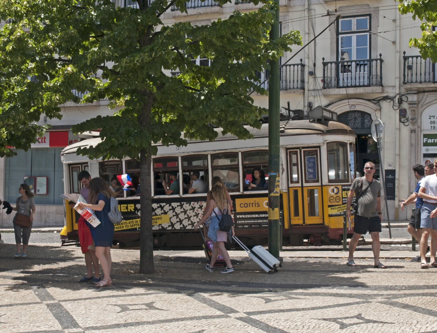 A yellow Lisbon tram and pedestrians beside the trees and pale facades of Praça Luís de Camões in Chiado.