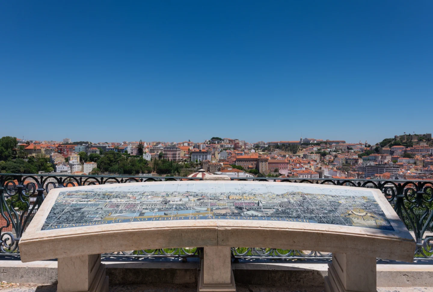 An illustrated azulejo panorama panel at Miradouro de São Pedro de Alcântara, with Lisbon's red roofs and São Jorge Castle beyond.
