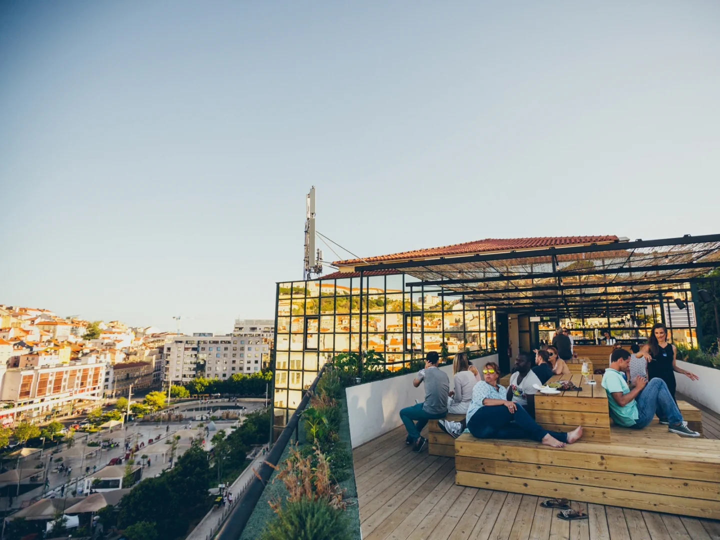 The rooftop terrace and Lisbon skyline at TOPO Martim Moniz