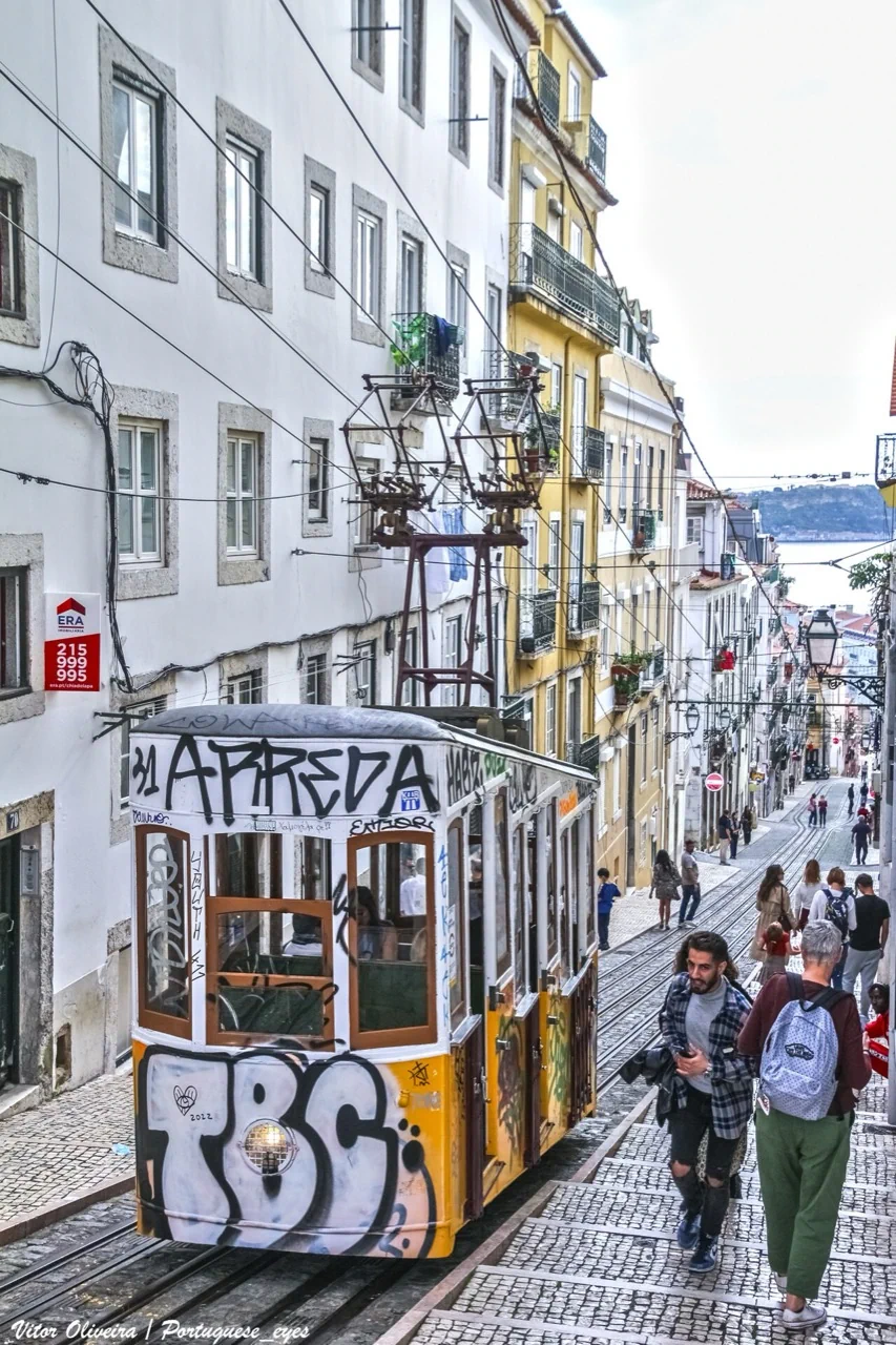 The Bica funicular on its steep Lisbon street