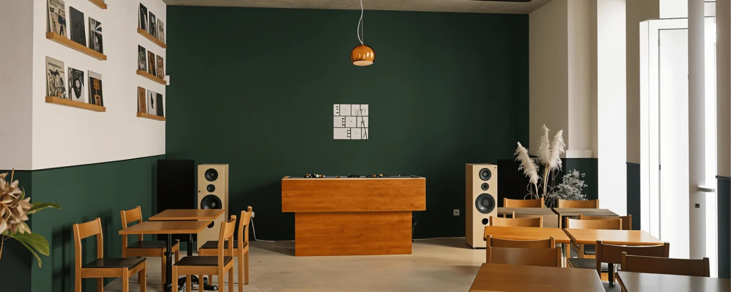 Tables, records and speakers inside Bom Bom Bom in Lisbon