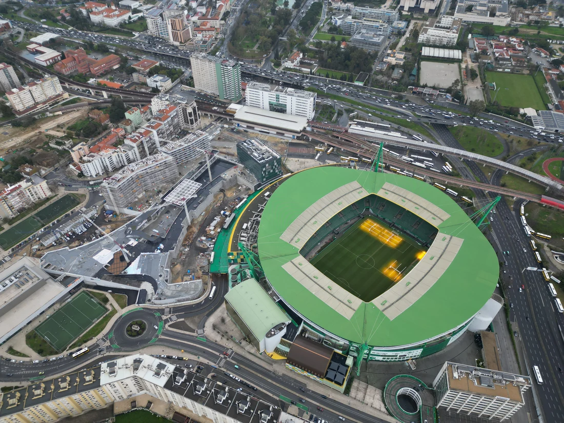 Aerial view of Estádio José Alvalade and its green stands in Lisbon